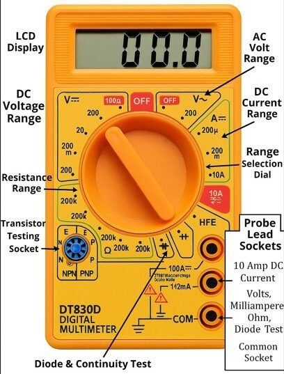 “DT830D digital multimeter with LCD display and range selection dial” “Portable digital multimeter measuring voltage, current, and resistance” “Digital multimeter with probes and continuity test function” “High precision digital multimeter for electronics testing” “Compact digital multimeter for AC DC voltage and current measurement” “Electrician using digital multimeter for circuit testing” “Digital multimeter with resistance range, diode test and transistor socket” “Yellow DT830D digital multimeter with labeled probe sockets”